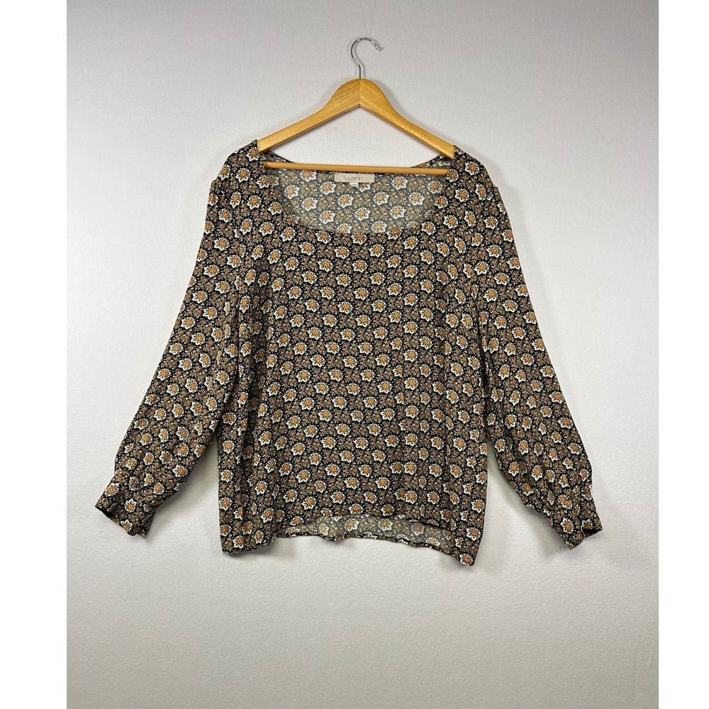 LOFT Floral Blouse‎ Women Large Black Orange Square Neck Rayon Long Sleeve Top